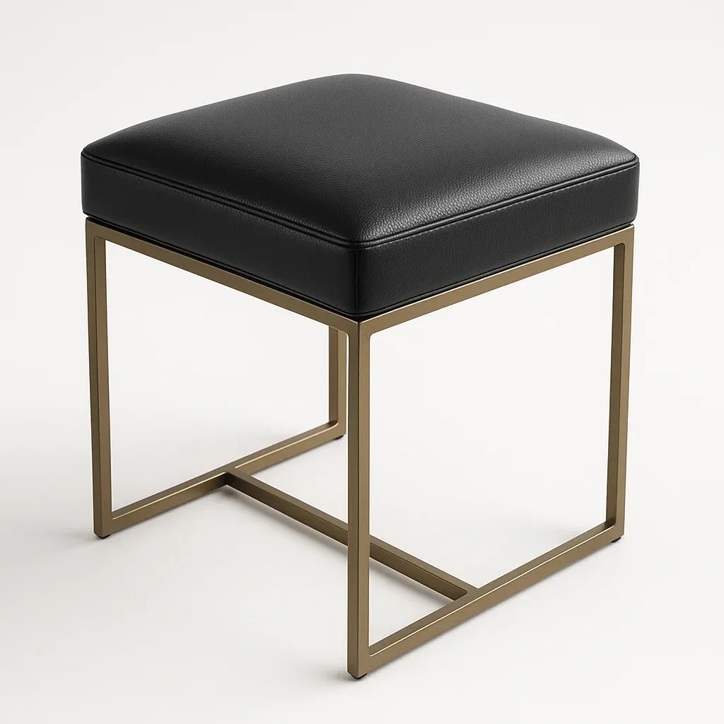 Sgabello per toeletta quadrato in metallo e pelle sintetica nera