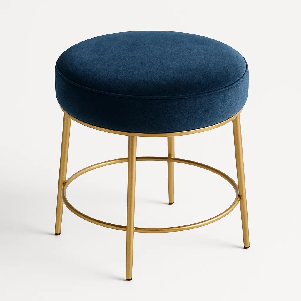 Sgabello per toeletta rotondo in velluto blu con gambe in metallo