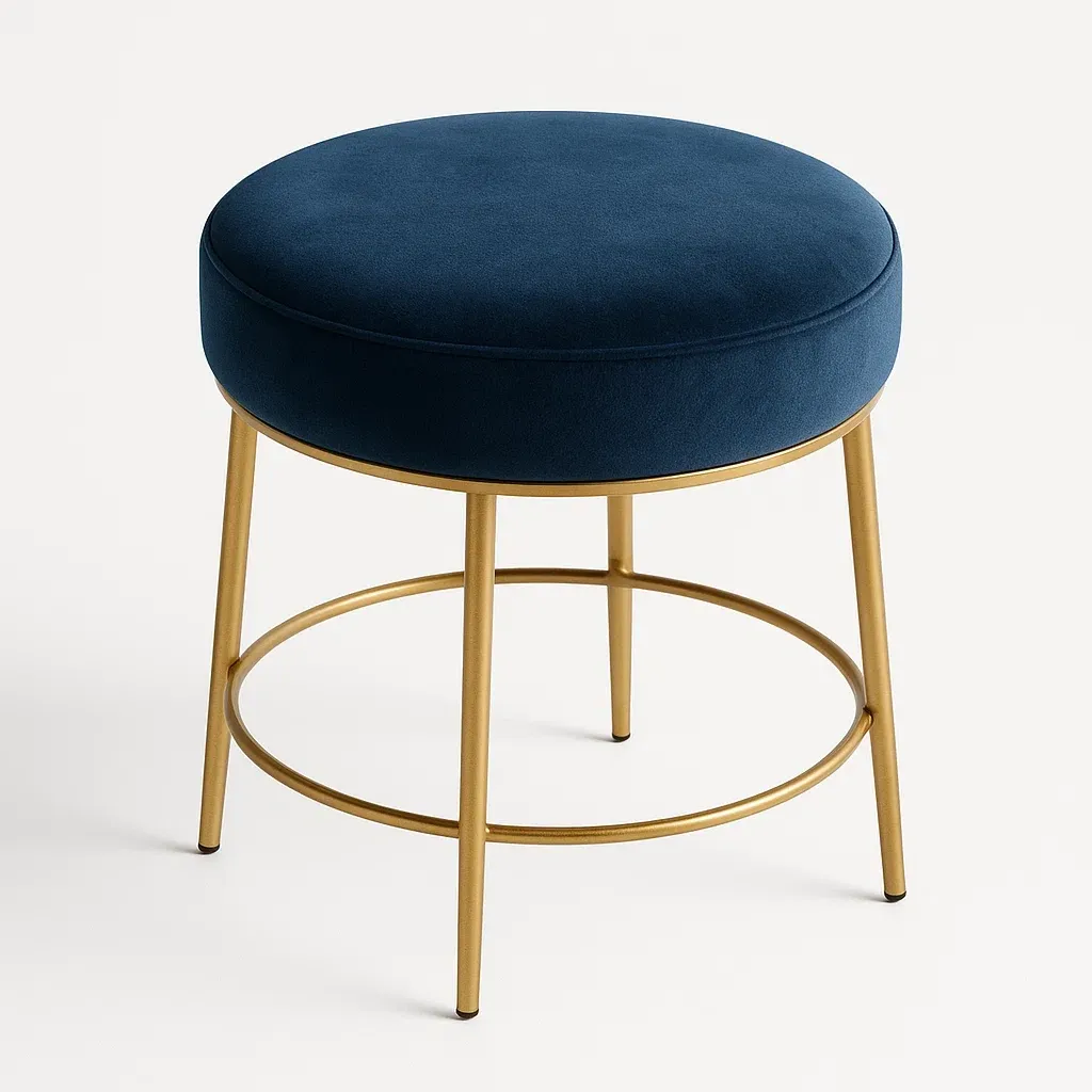 Sgabello per toeletta rotondo in velluto blu con gambe in metallo