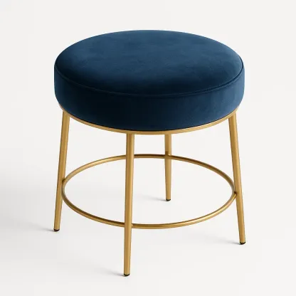 Sgabello per toeletta rotondo in velluto blu con gambe in metallo