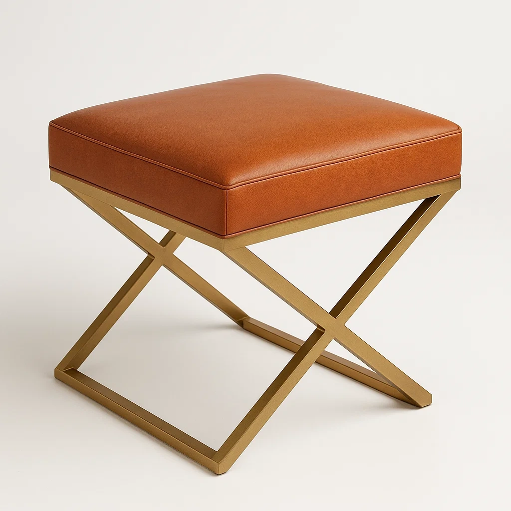 Sgabello per toeletta in pelle sintetica marrone con struttura in ferro dorato