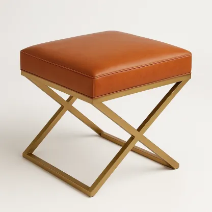 Sgabello per toeletta in pelle sintetica marrone con struttura in ferro dorato