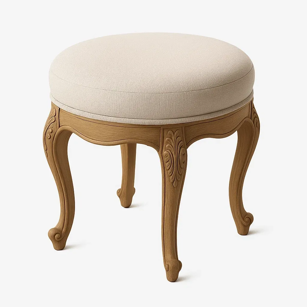 Sgabello per toeletta rotondo in legno massello con tessuto beige