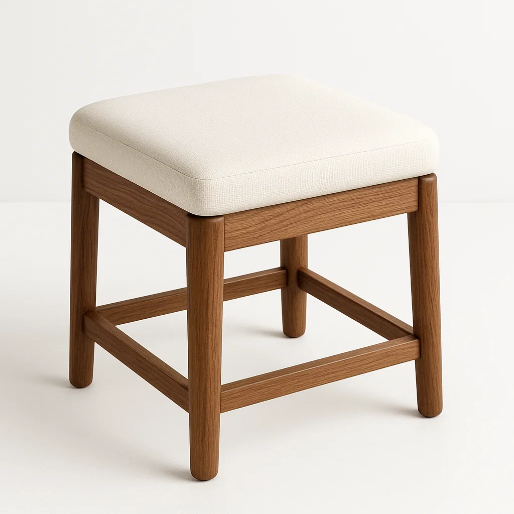 Sgabello per toeletta in legno con cuscino imbottito crema