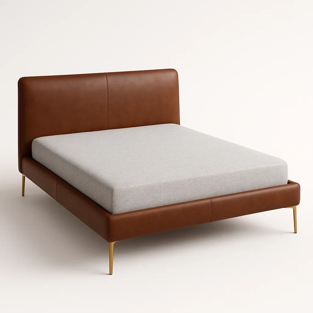 Letto a piattaforma in pelle PU marrone con gambe in metallo e materasso in poliestere grigio