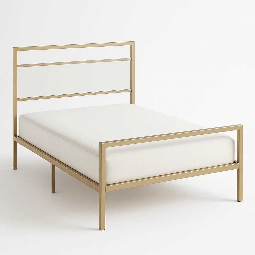 Letto a piattaforma in metallo oro con testiera e pediera aperte