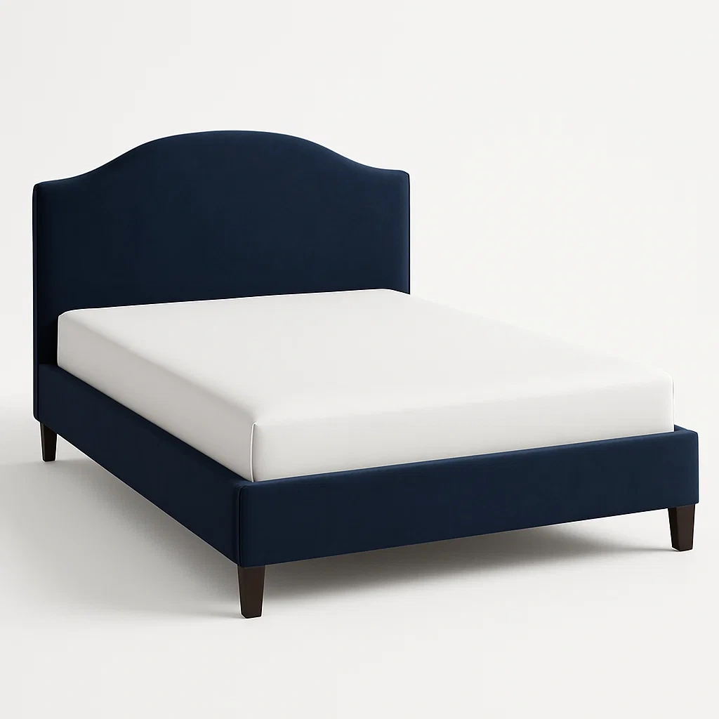 Letto a piattaforma in tessuto blu con struttura in legno