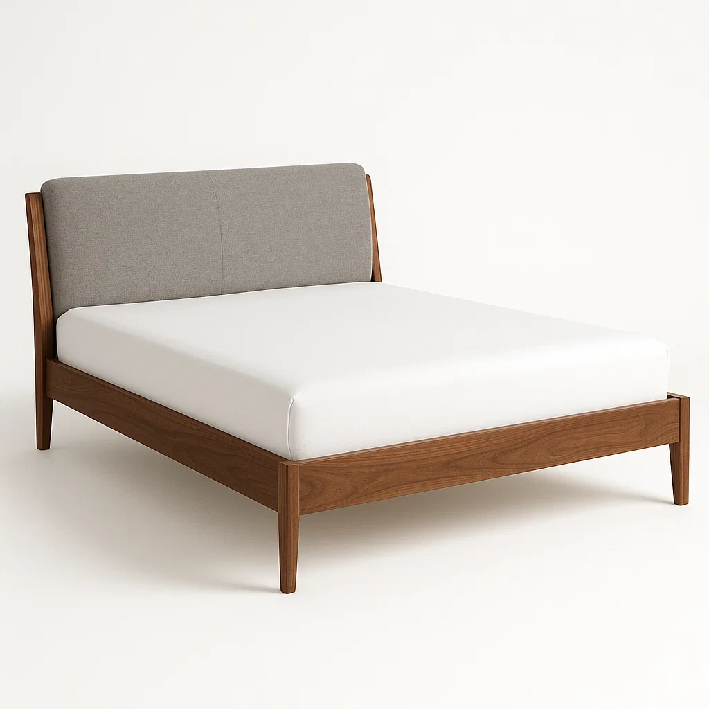 Letto a piattaforma in legno con testiera in tessuto grigio