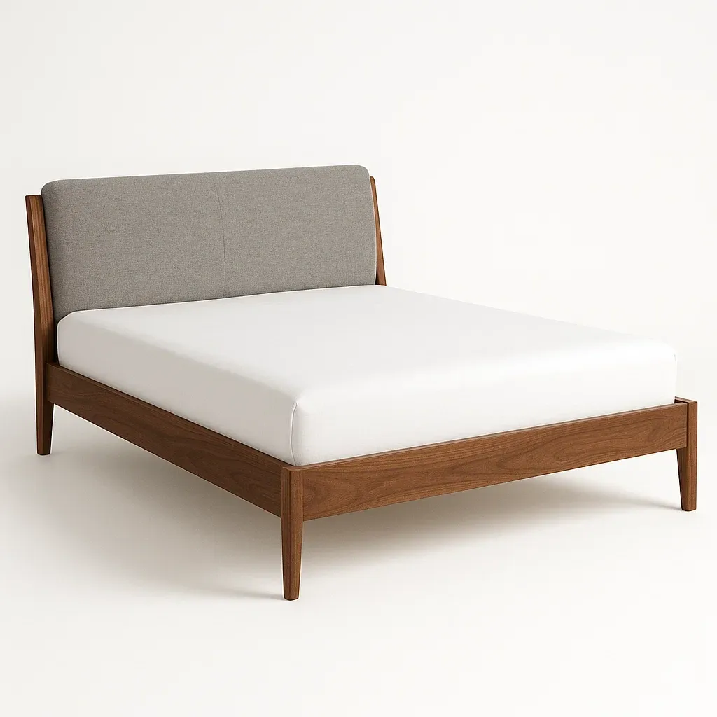 Letto a piattaforma in legno con testiera in tessuto grigio