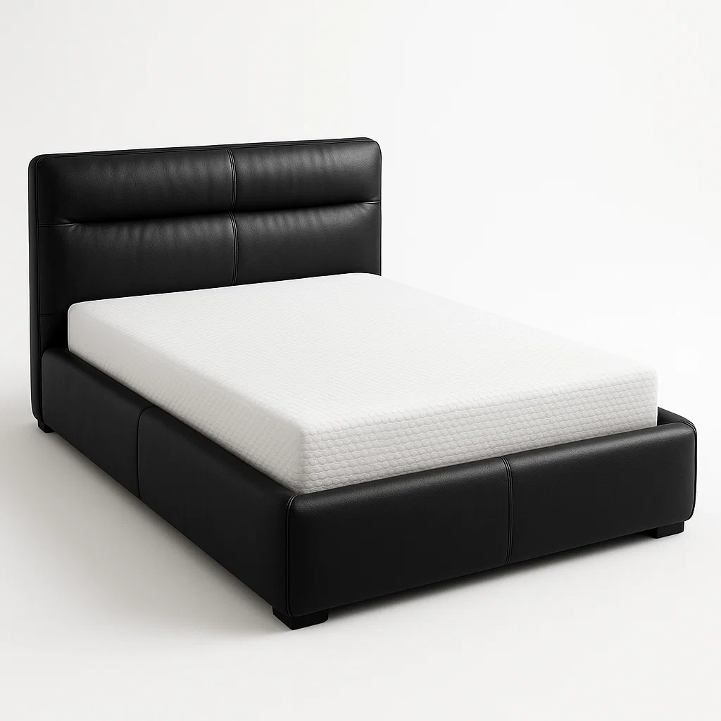 Letto a piattaforma in ecopelle nero con materasso in schiuma