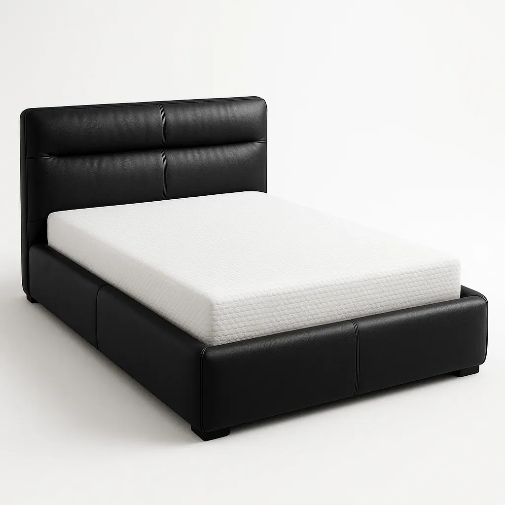 Letto a piattaforma in ecopelle nero con materasso in schiuma