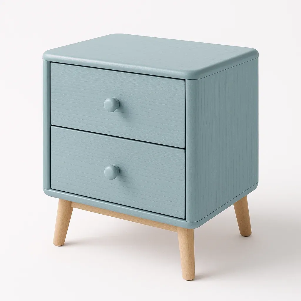 Comodino in MDF blu con 2 cassetti e gambe in legno