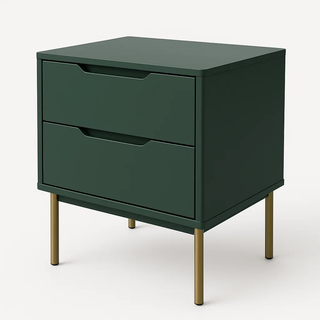 Comodino in MDF verde con due cassetti e gambe in metallo dorato