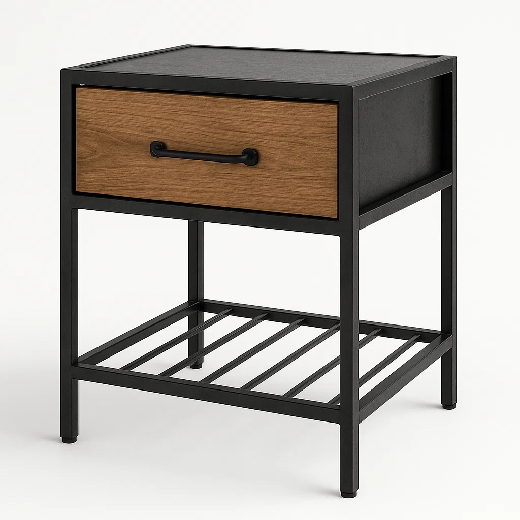Comodino in metallo e legno di quercia con cassetto 45×35×60 cm