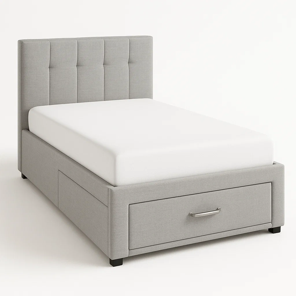 Letto contenitore in tessuto grigio con cassetto integrato