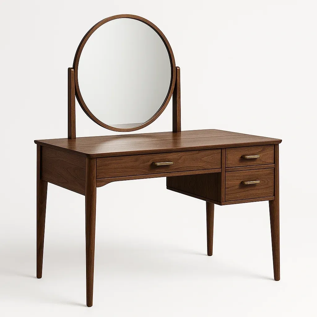 Toeletta in legno con specchio rotondo e cassetti