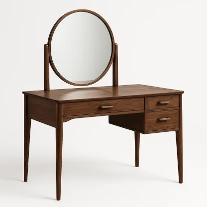 Toeletta in legno con specchio rotondo e cassetti