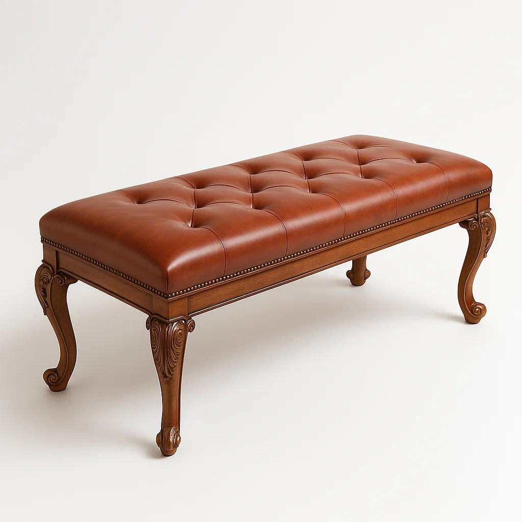 Panca da camera in legno massello e pelle sintetica marrone