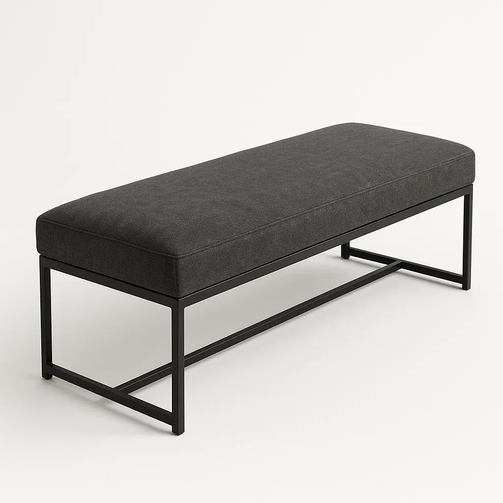 Panca da camera in tessuto grigio scuro con struttura in metallo