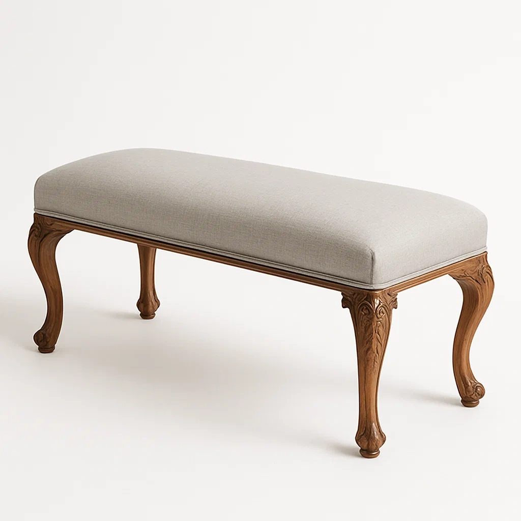 Panca da camera in tessuto grigio chiaro con gambe in legno intagliato 120×40×45 cm
