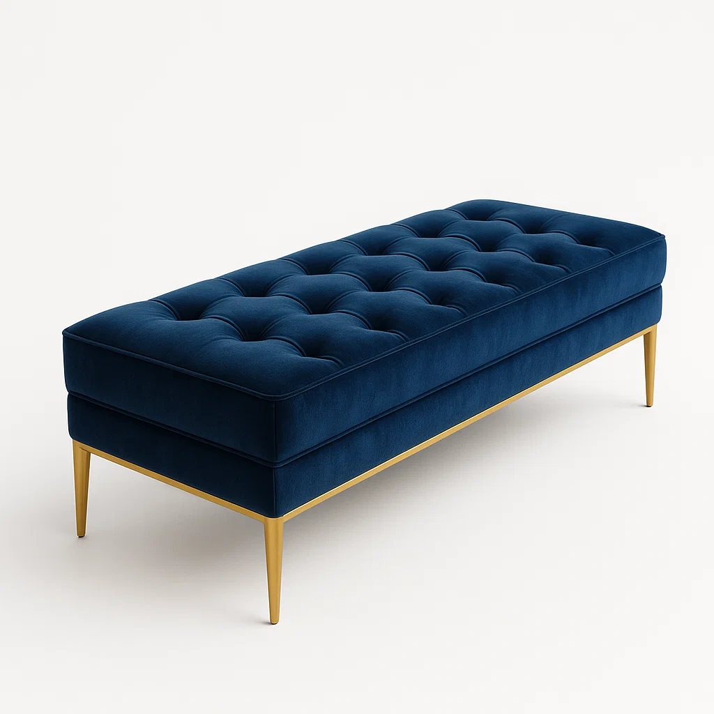 Panca da camera in velluto blu con gambe in metallo dorato 150×50×45 cm
