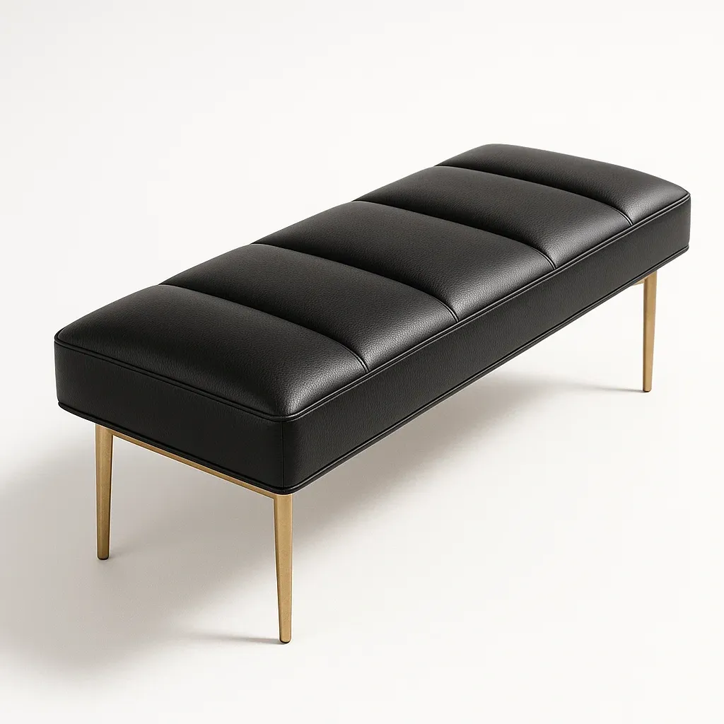 Panca da camera in ecopelle nera con gambe in metallo dorato