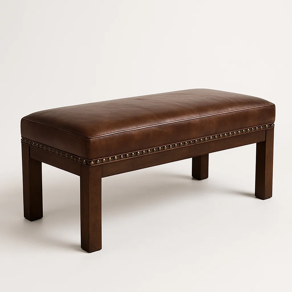 Panca da camera in legno con rivestimento in pelle sintetica marrone