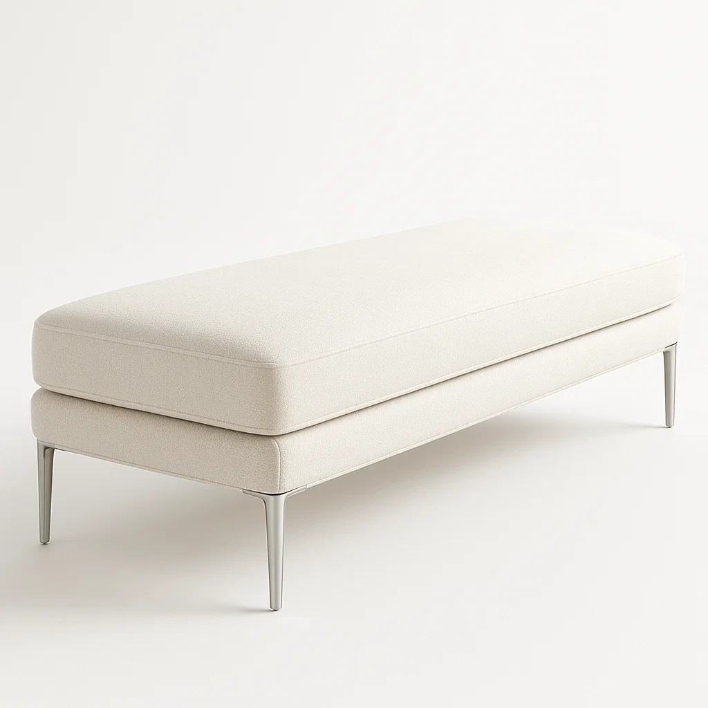 Panca da camera in tessuto beige e acciaio inox