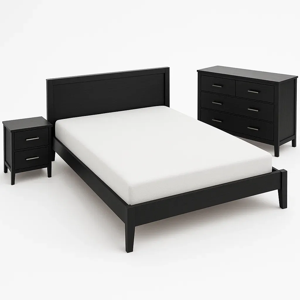Set camera da letto in legno nero con struttura letto, comodino e cassettiera