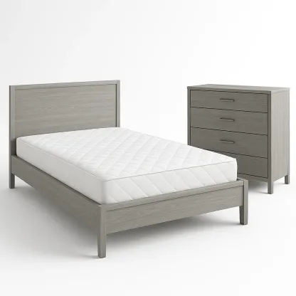 Grigio set da camera da letto in legno, comprensivo di letto singolo, materasso e cassettiera