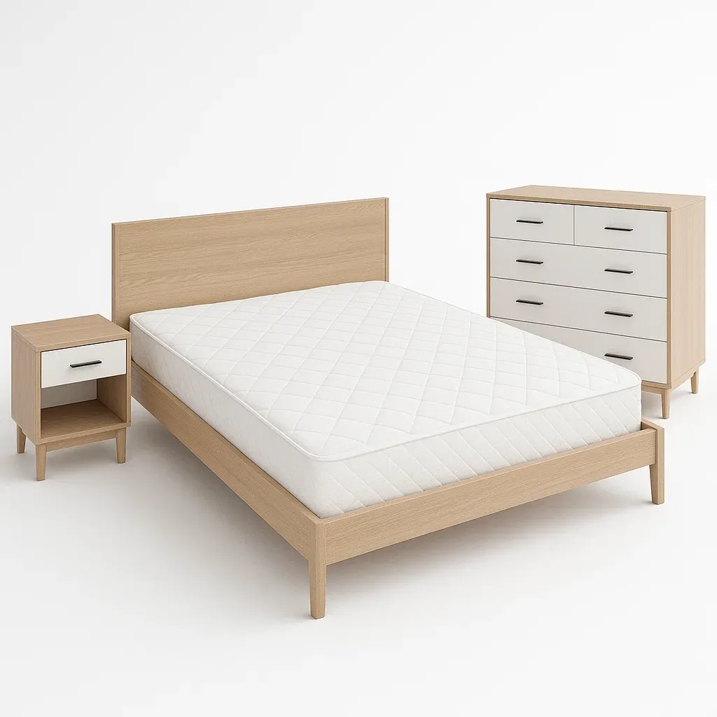 Set camera da letto in legno chiaro con materasso