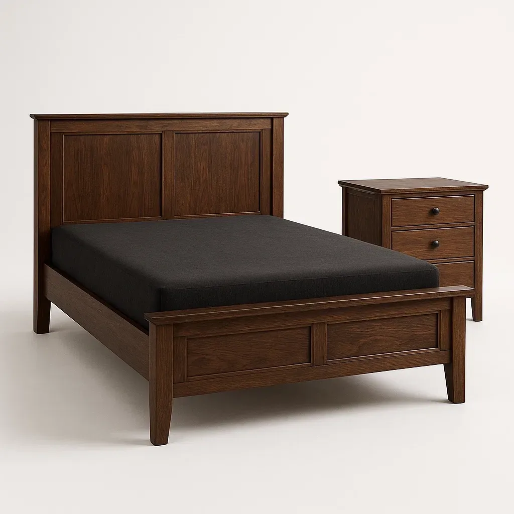 Set camera da letto in legno massello verniciato marrone con letto matrimoniale e comodino