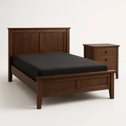 Set camera da letto in legno massello verniciato marrone con letto matrimoniale e comodino