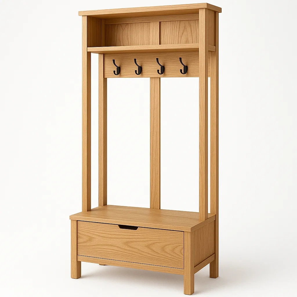 Stender per ingresso in legno massello rovere con cassettone e ganci in metallo