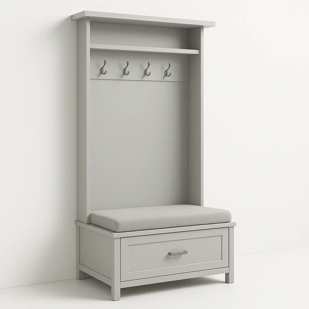 Stender per ingresso in MDF grigio con panca, 4 ganci e cuscino 180×90×40 cm