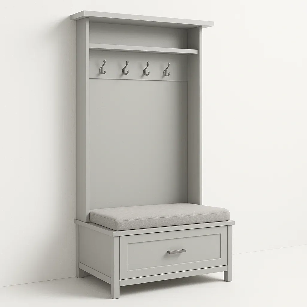 Stender per ingresso in MDF grigio con panca, 4 ganci e cuscino 180×90×40 cm