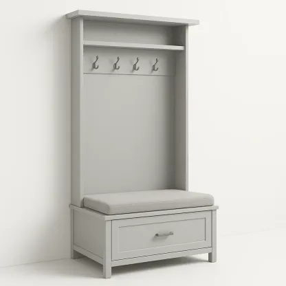 Stender per ingresso in MDF grigio con panca, 4 ganci e cuscino 180×90×40 cm
