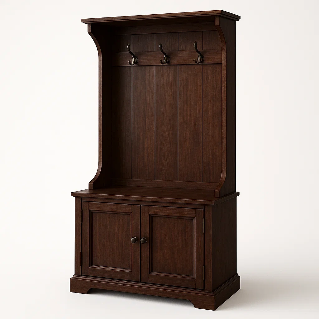 Stender per ingresso in legno massello marrone con scarpiera e ganci