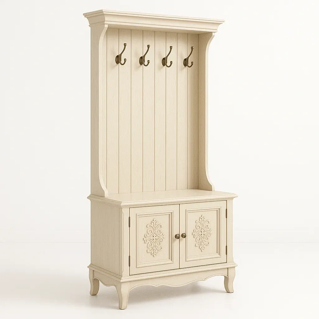 Stender per ingresso in legno con ganci e armadietto decorato 200×90×40 cm