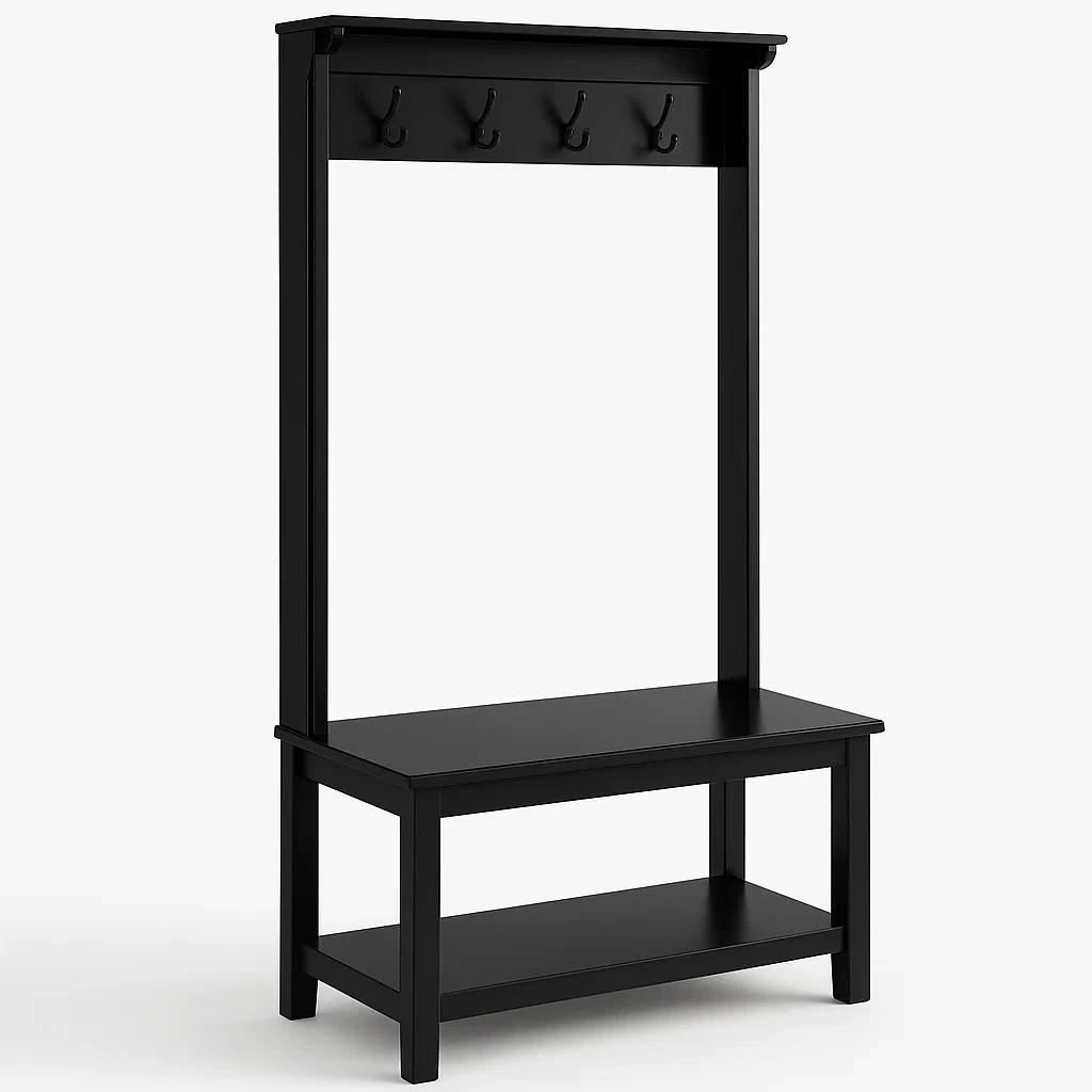 Stender per ingresso in legno nero con ganci e mensola