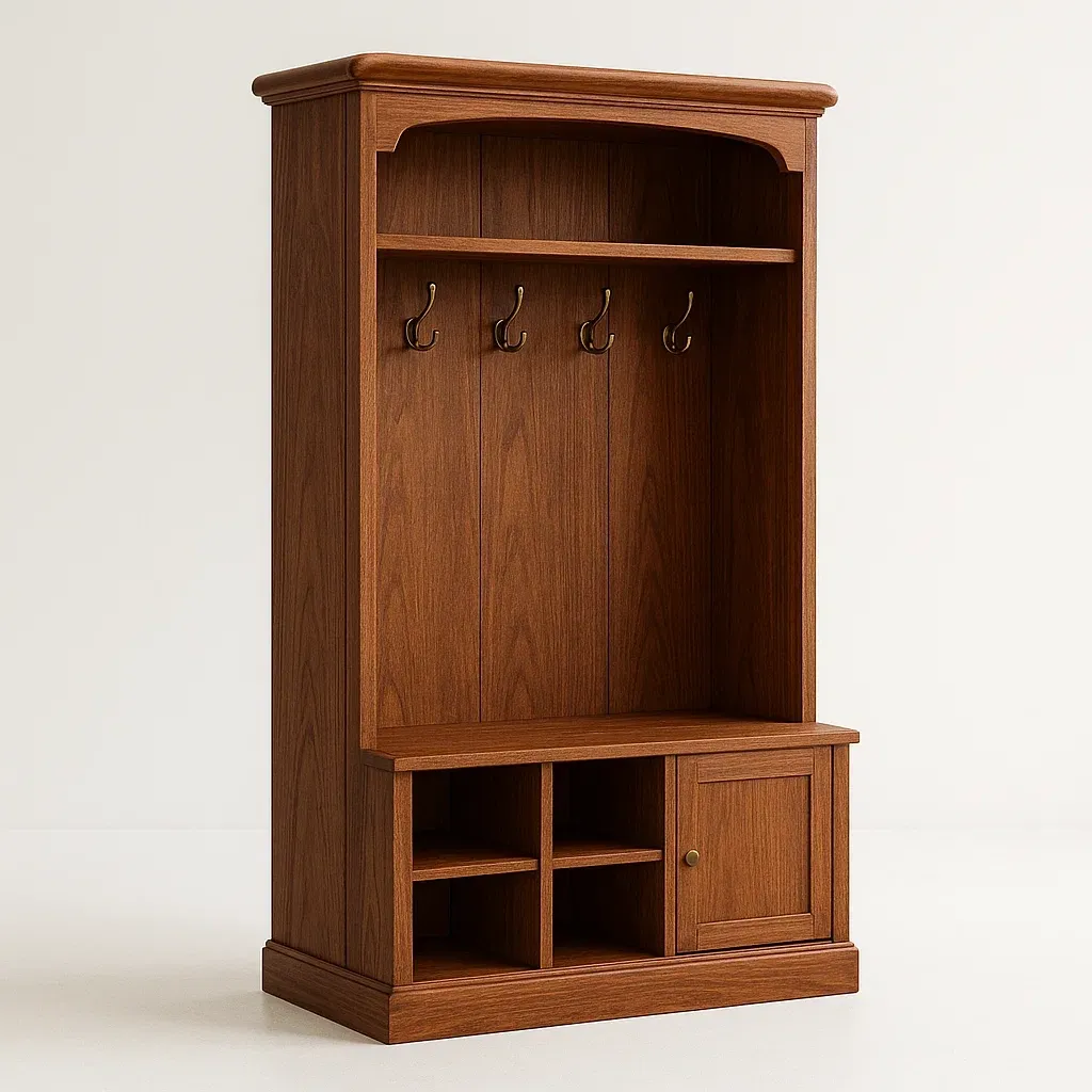 Stender per ingresso in legno MDF rovere con ripiani e ganci