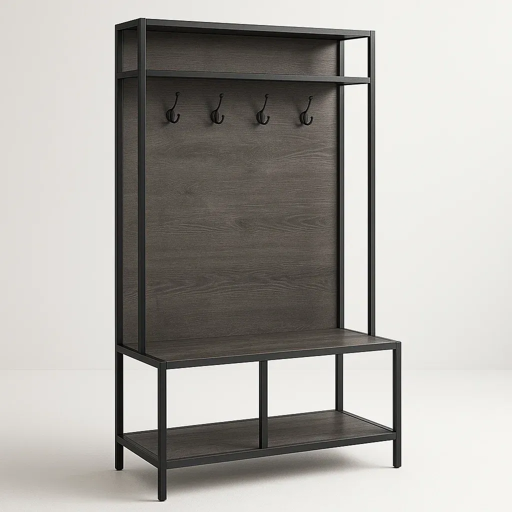 Stender per ingresso in metallo e MDF con ripiano e ganci 180×90×35 cm