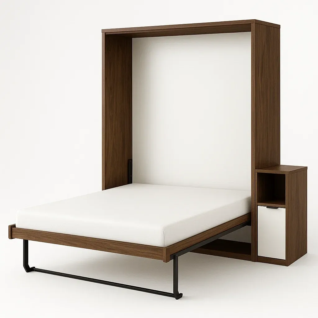 Letto a scomparsa in legno di noce con materasso bianco