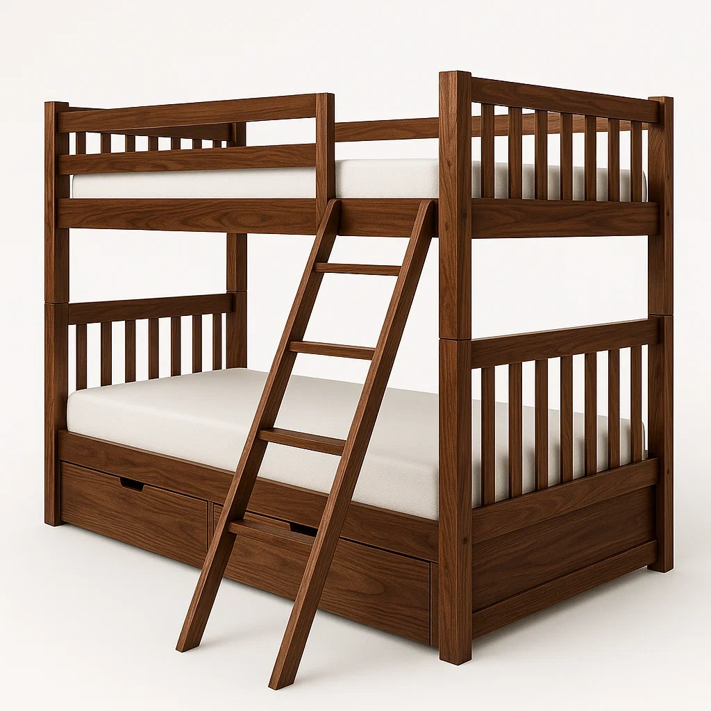 Letto a castello in legno massello noce con cassetti e scaletta