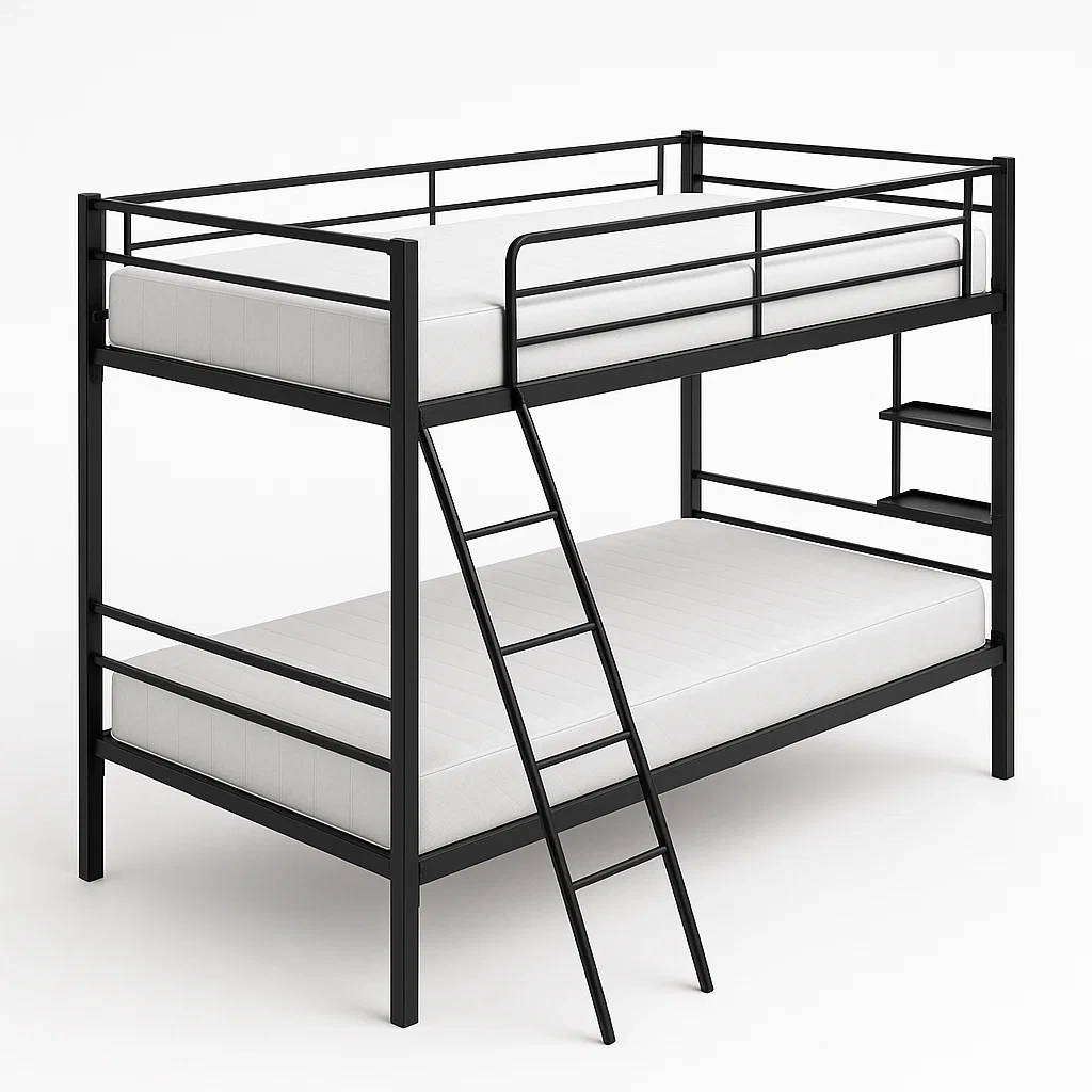 Letto a castello in metallo nero per bambini con scale e protezioni