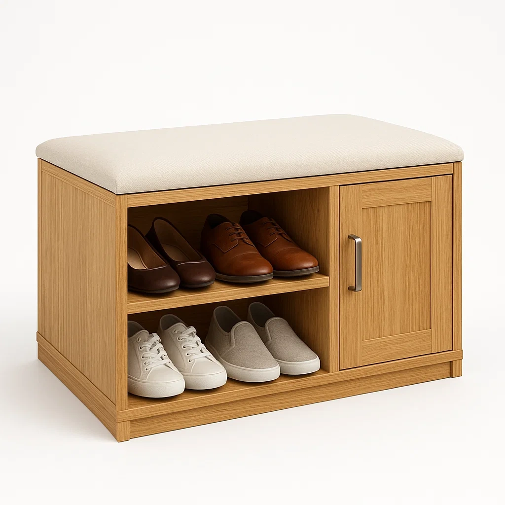 Panca per scarpe in legno massello e lino beige 80×45×35 cm