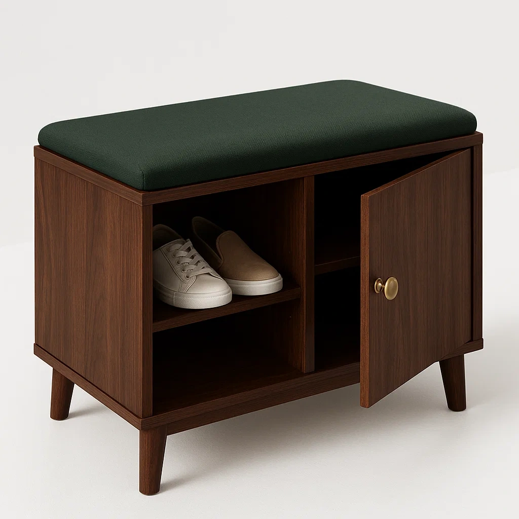 Panca per scarpe in legno con seduta in tessuto verde e contenitore
