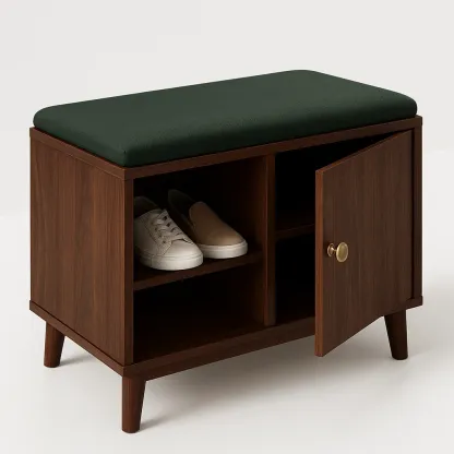 Panca per scarpe in legno con seduta in tessuto verde e contenitore