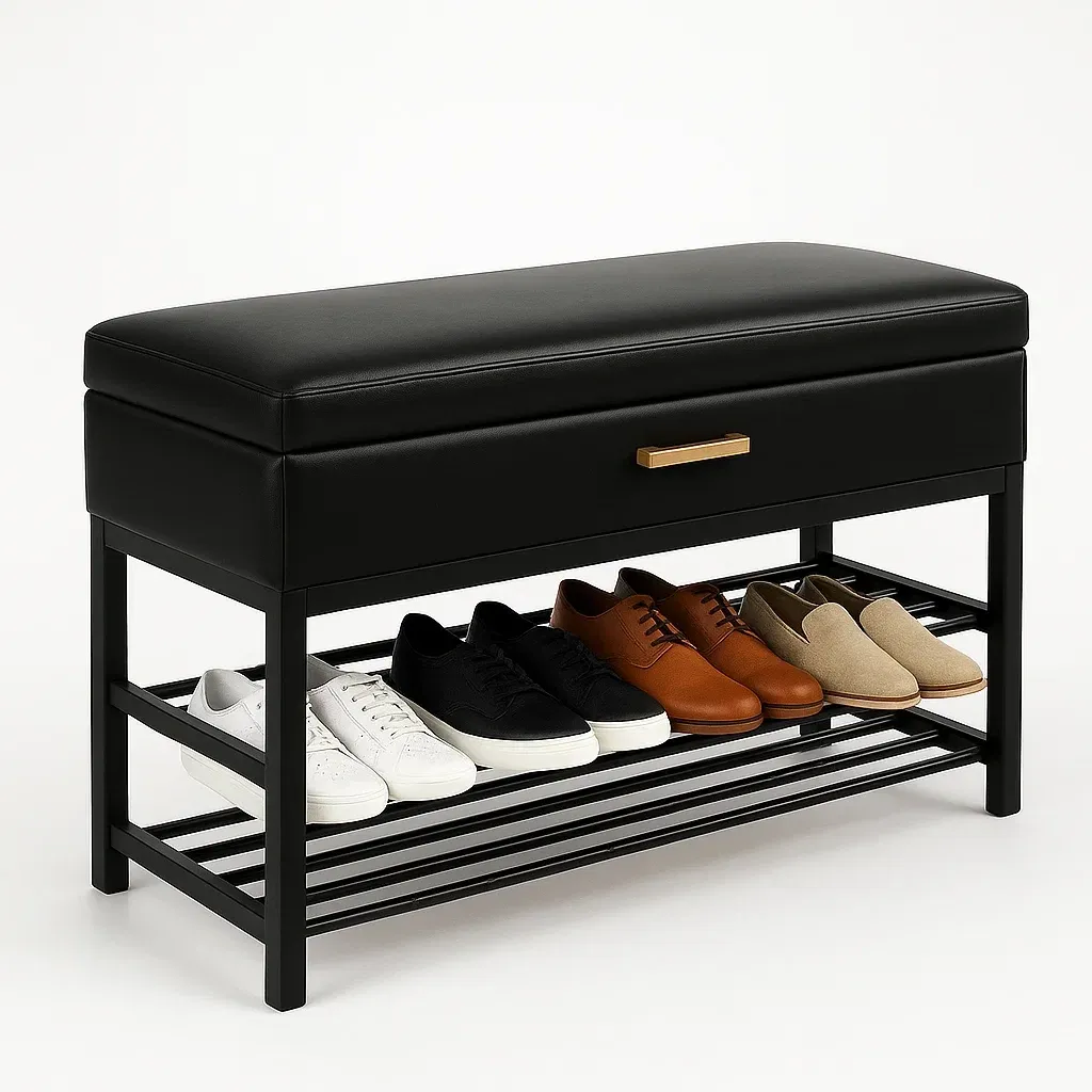Panca per scarpe in similpelle nera con porta scarpe integrato 100×40×50 cm