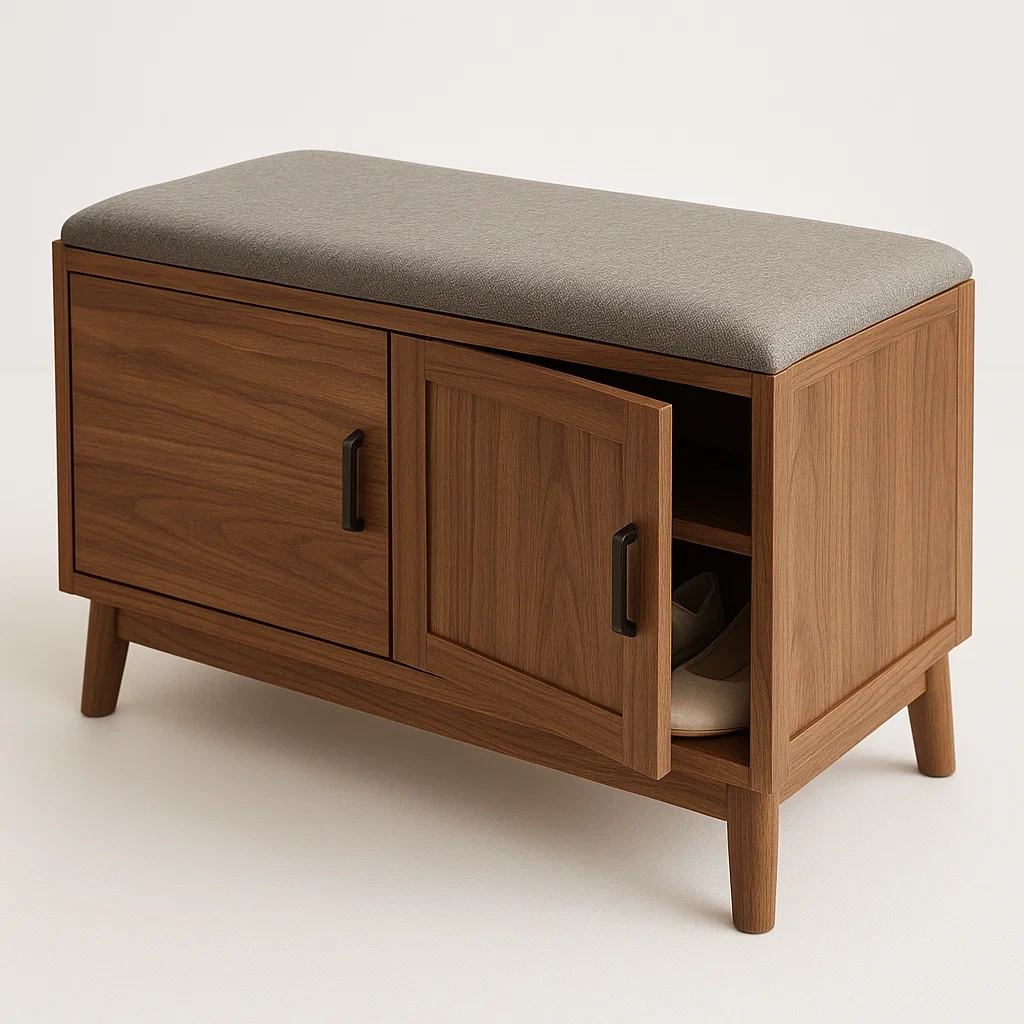 Panca per scarpe in legno di noce con cuscino in poliestere grigio e contenitore